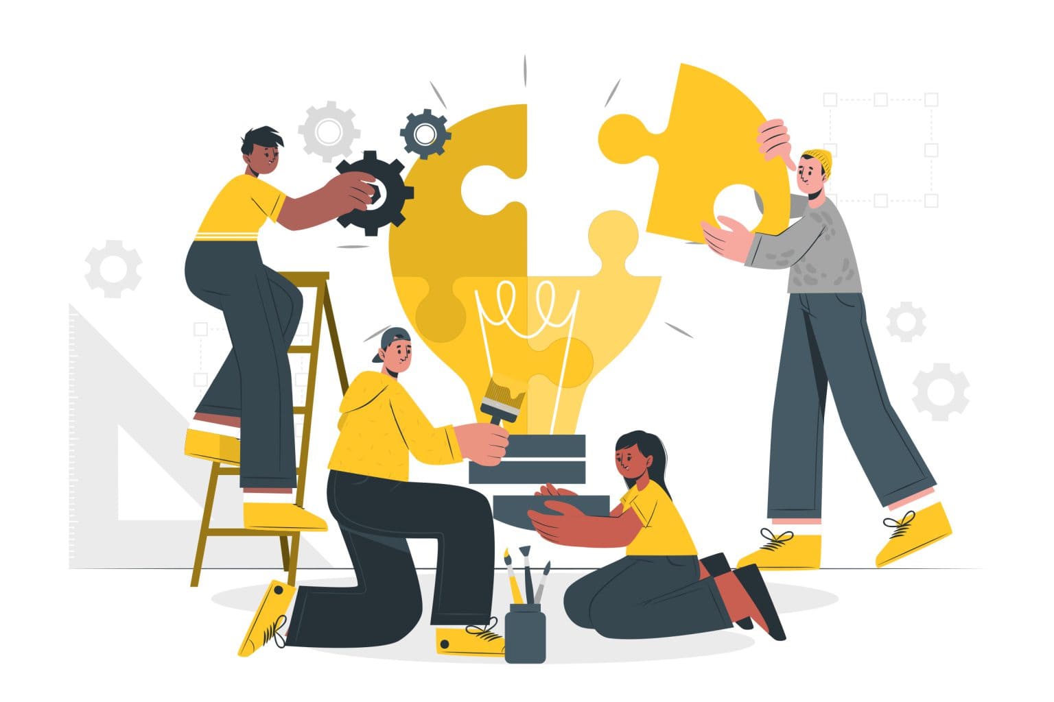 Illustration of people working together to solve a puzzle with a light bulb in the center