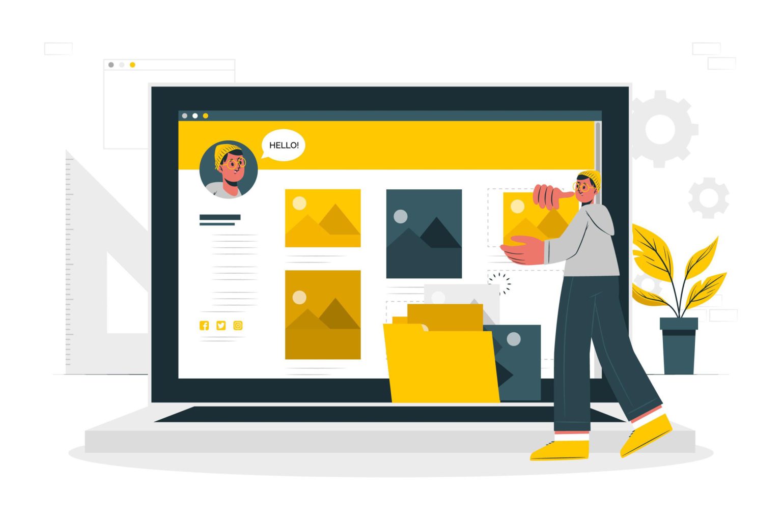 Illustration of a laptop with various digital icons such as a rocket, target, email, lightbulb, and megaphone