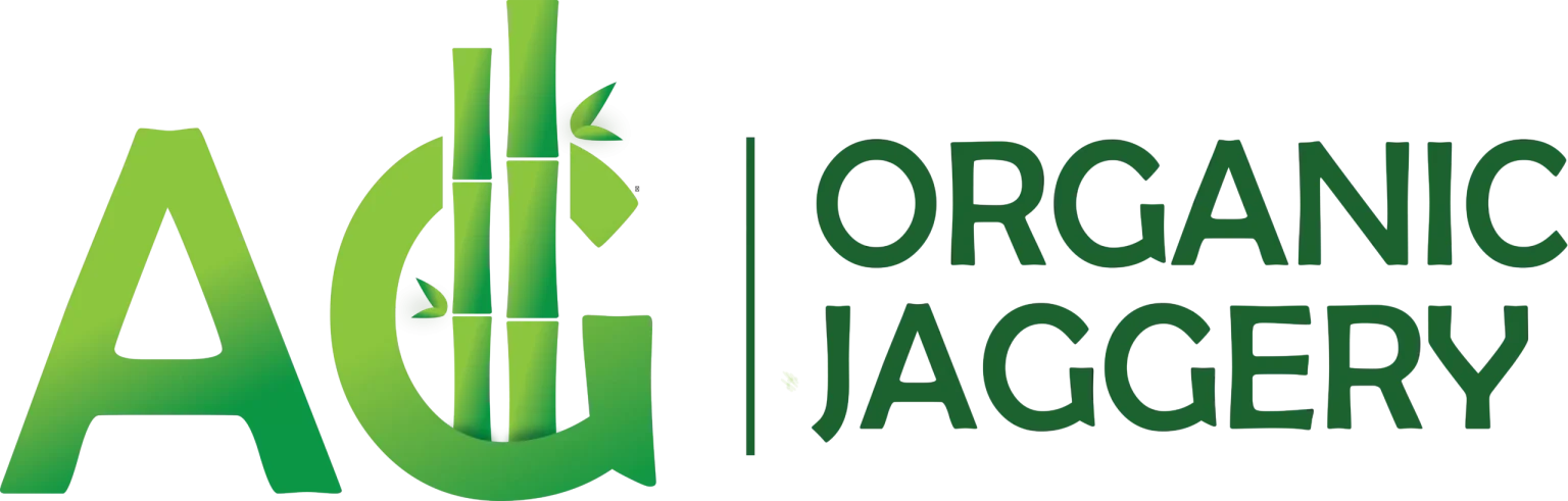 Logo of Organic Jaggery with green text and a leaf