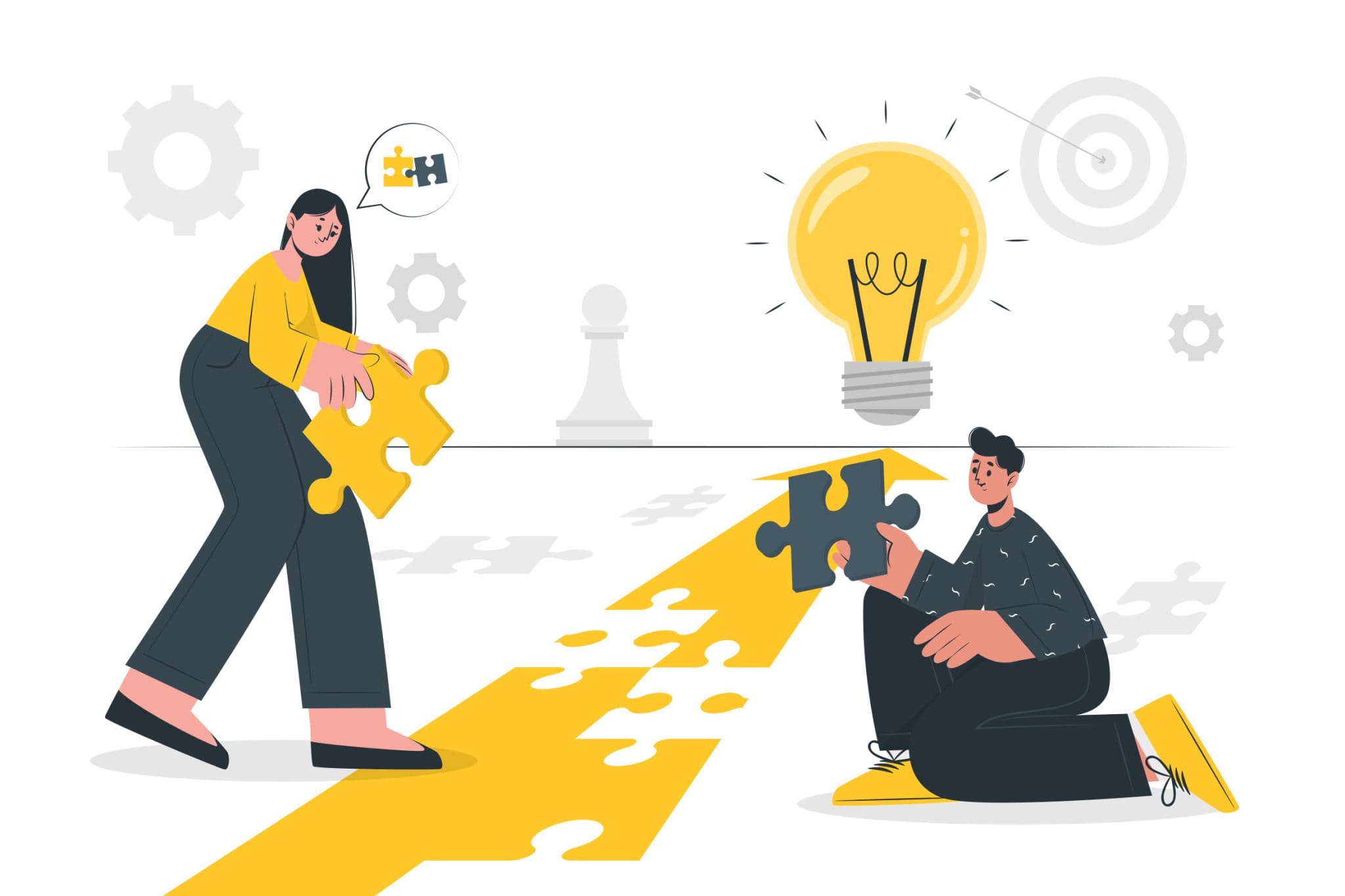 Illustration of people working together with puzzle pieces and a light bulb representing ideas and solutions