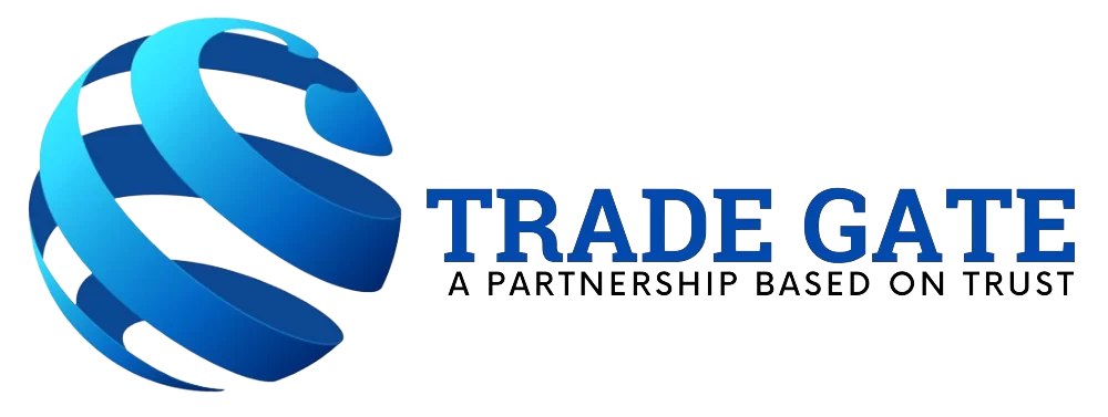 Logo of Trade Gate with a blue globe and text