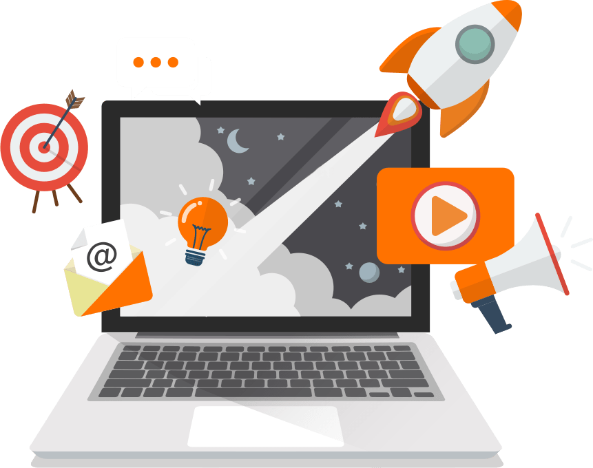 Illustration of a laptop with various digital icons such as a rocket, target, email, lightbulb, and megaphone